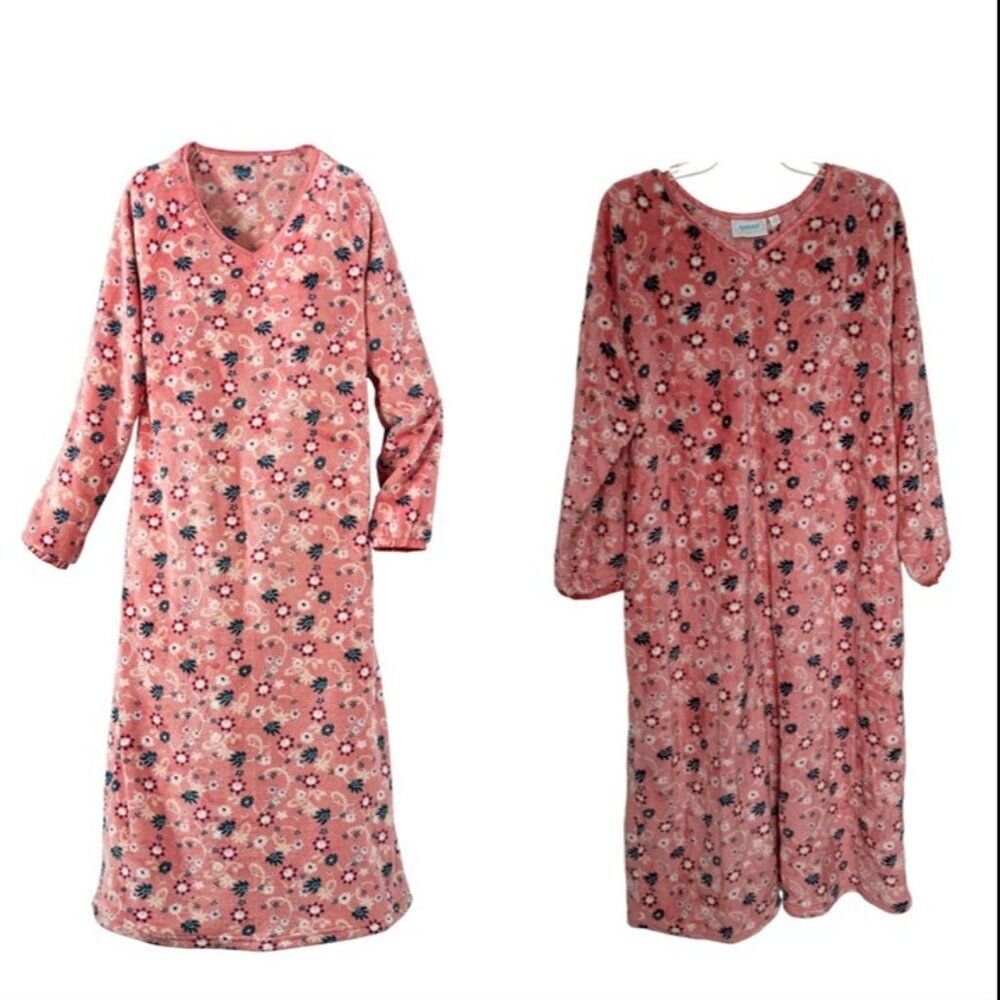 National Women's 1X Minky Fleece Nightgown V-Neck LS Rose Floral Print WORN ONCE